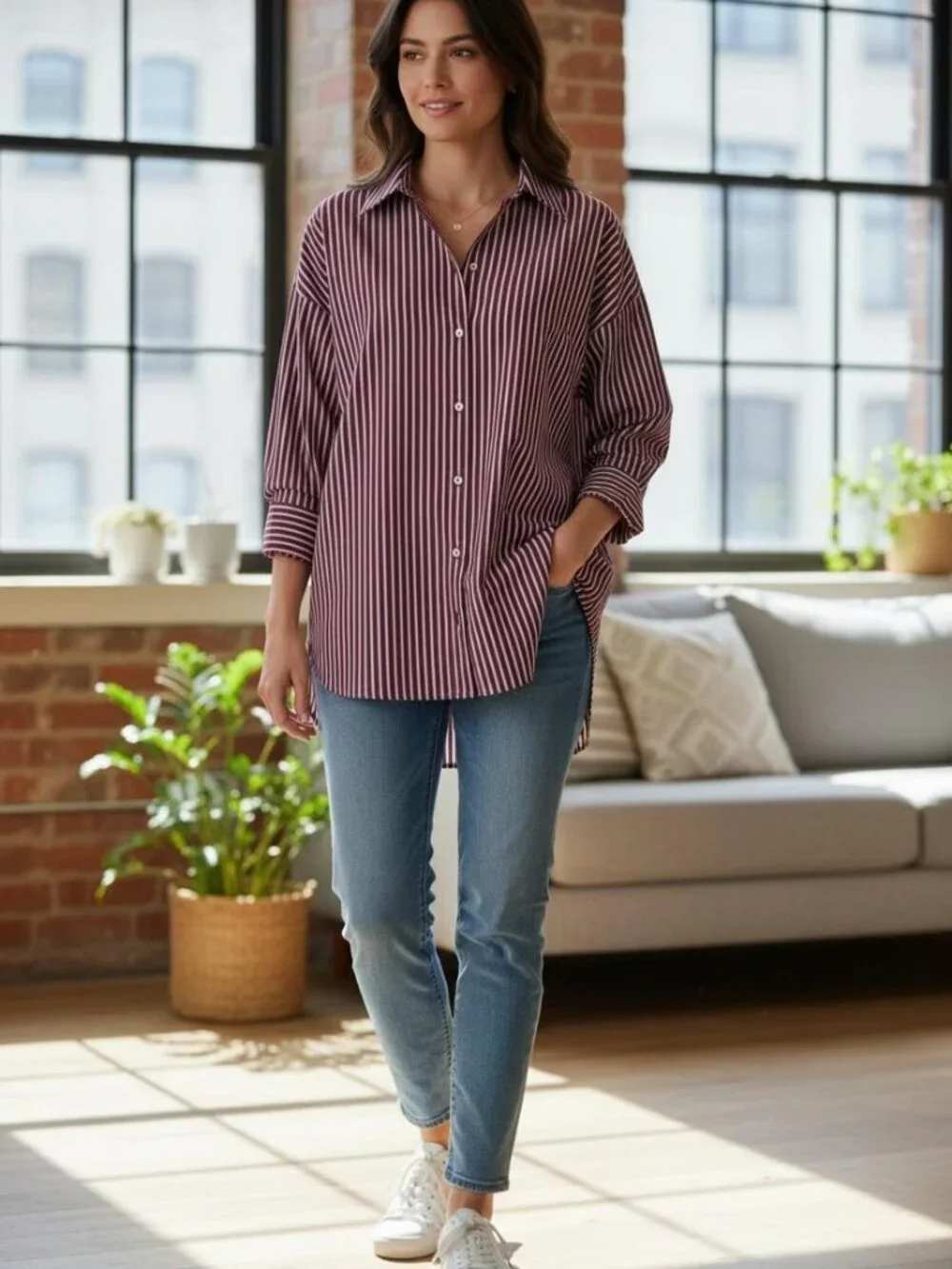 Zara Oversized Striped Poplin Button Down Shirt Burgundy White Size XL NWOT - Picture 4 of 6